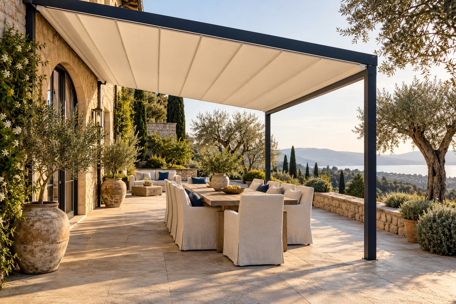 Pergotenda chiara su una terrazza mediterranea